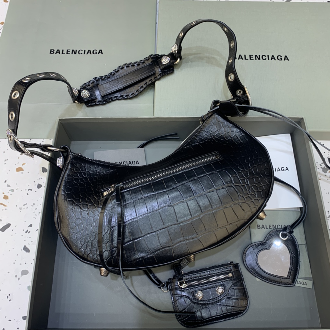 Balenciaga Le Cagole Small Shoulder Bag Crocodile Embossed Rhinestones Black